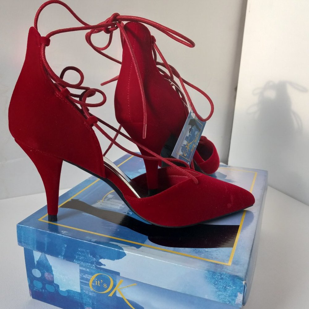 Red swed lace up heels